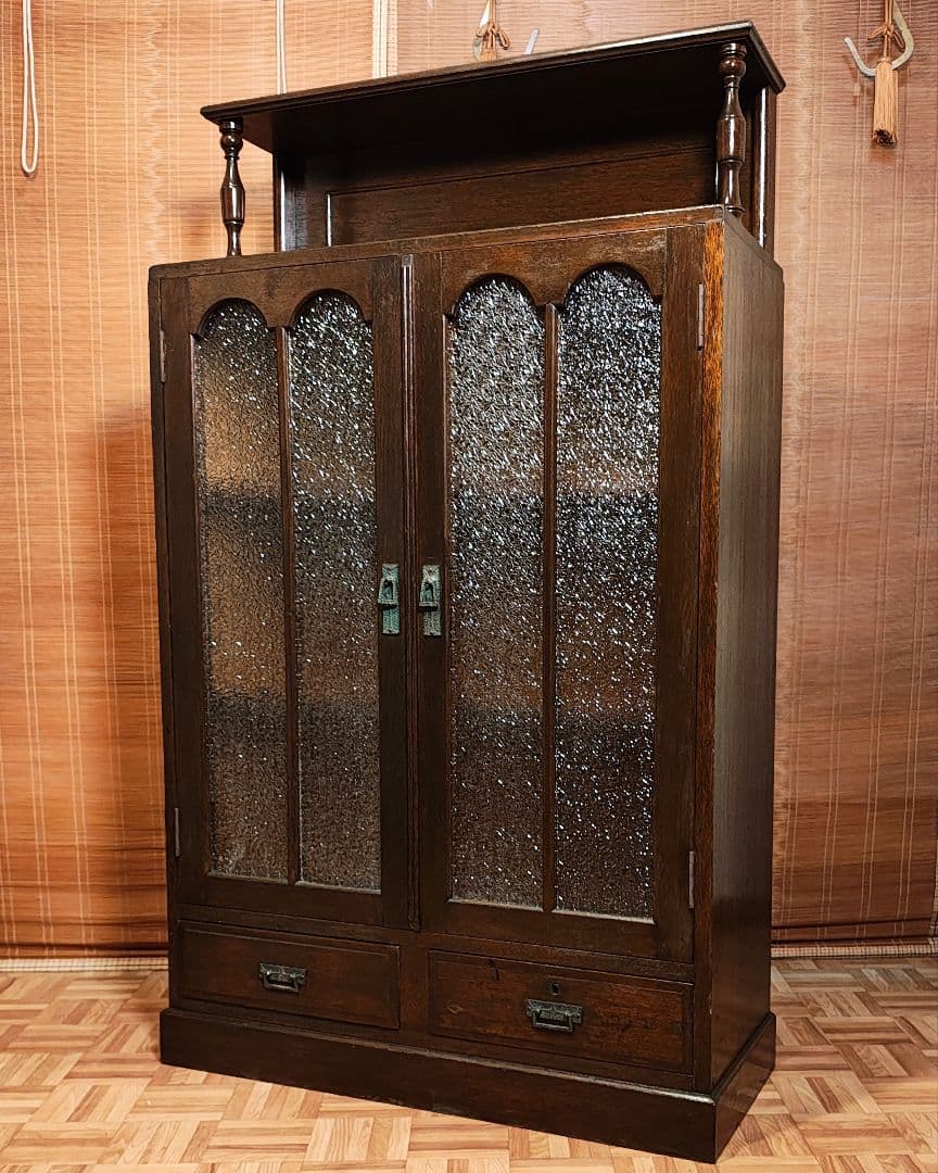 ガラス棚　本棚　キャビネット　ダイヤガラス　古家具　昭和レトロ