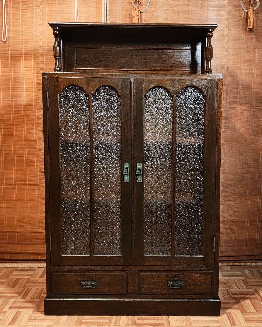 ガラス棚　本棚　キャビネット　ダイヤガラス　古家具　昭和レトロ