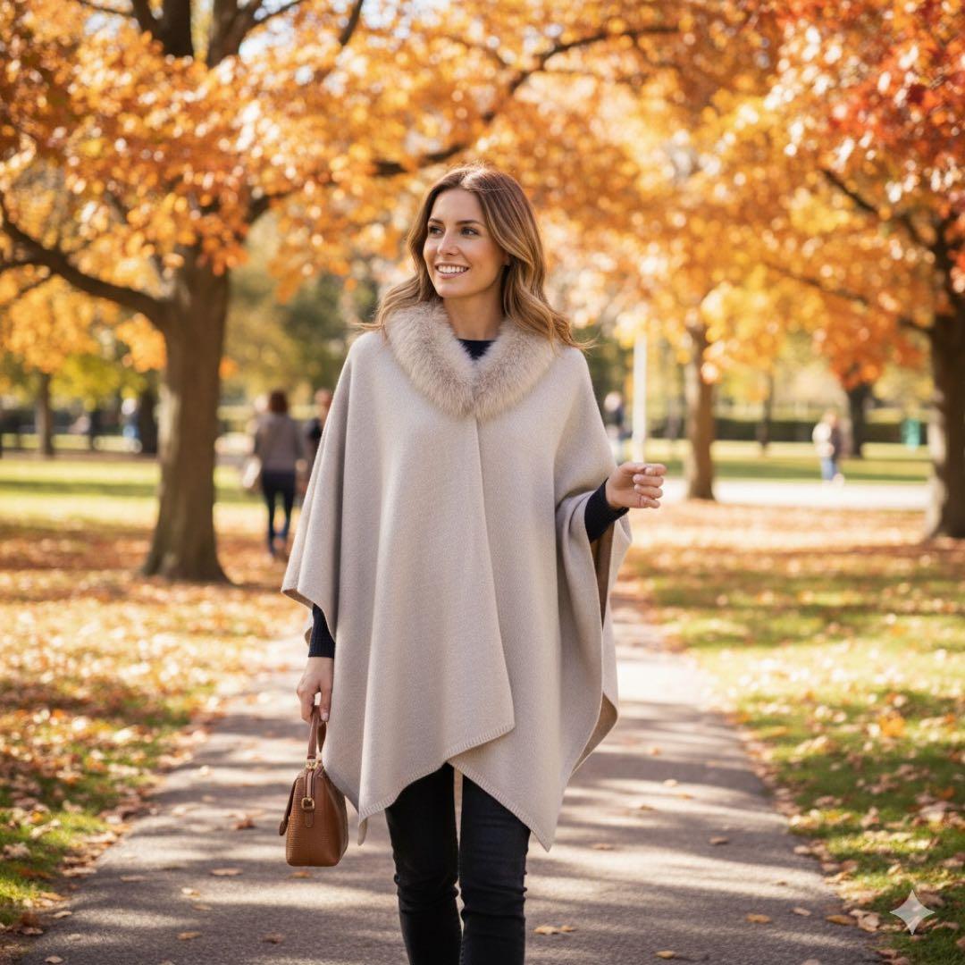 【美品】GIOVI 高級　カシミア混　フォックスファー　ポンチョ　ベージュ