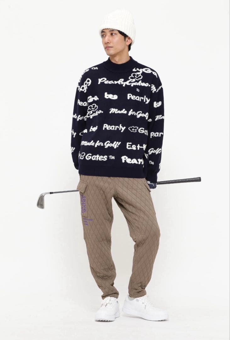 PEARLY GATES 天竺×ロゴインターシャ モックネックニットプルオーバー