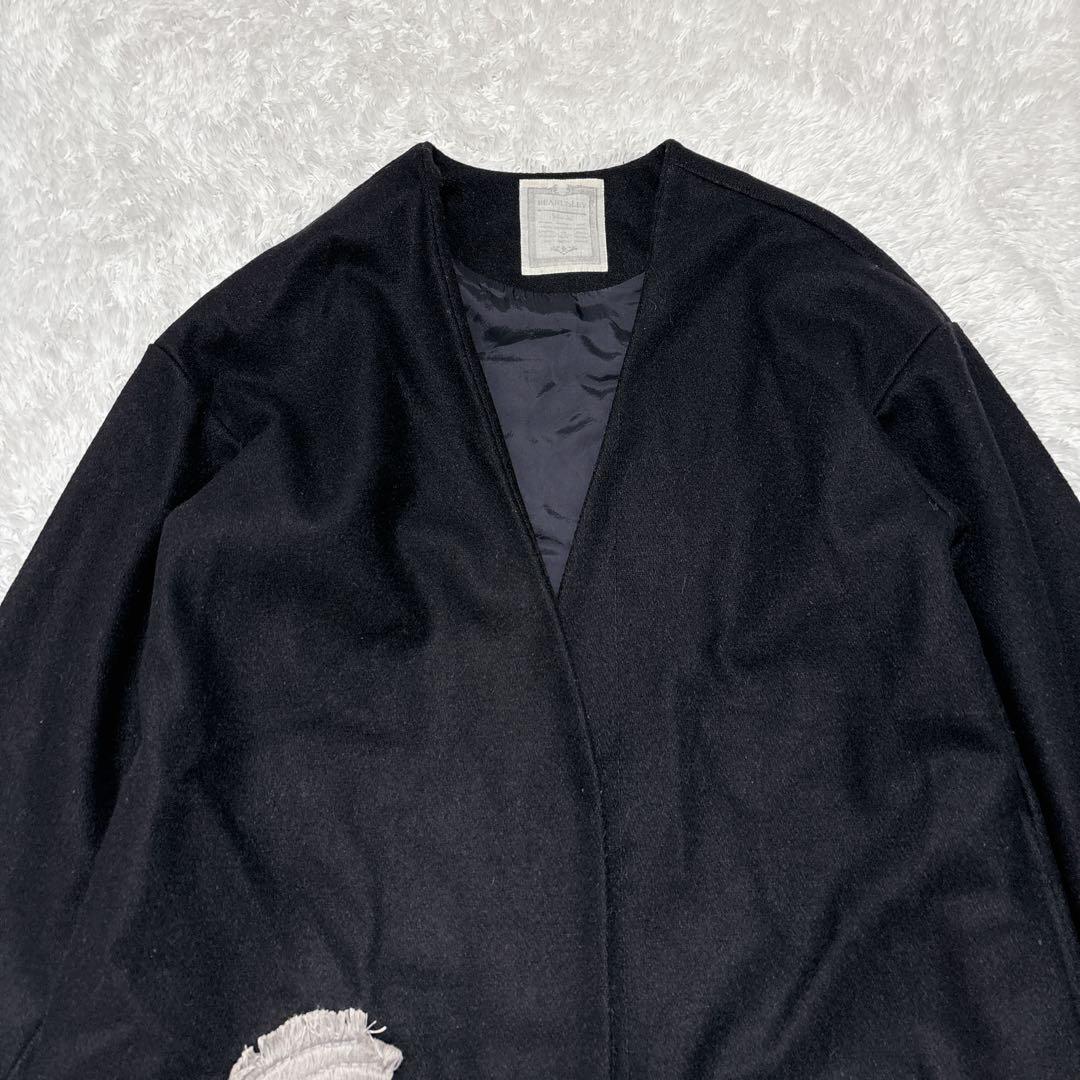 【BEARDSLEY】刺繡デザイン ノーカラーコート 黒 ウール混 size F