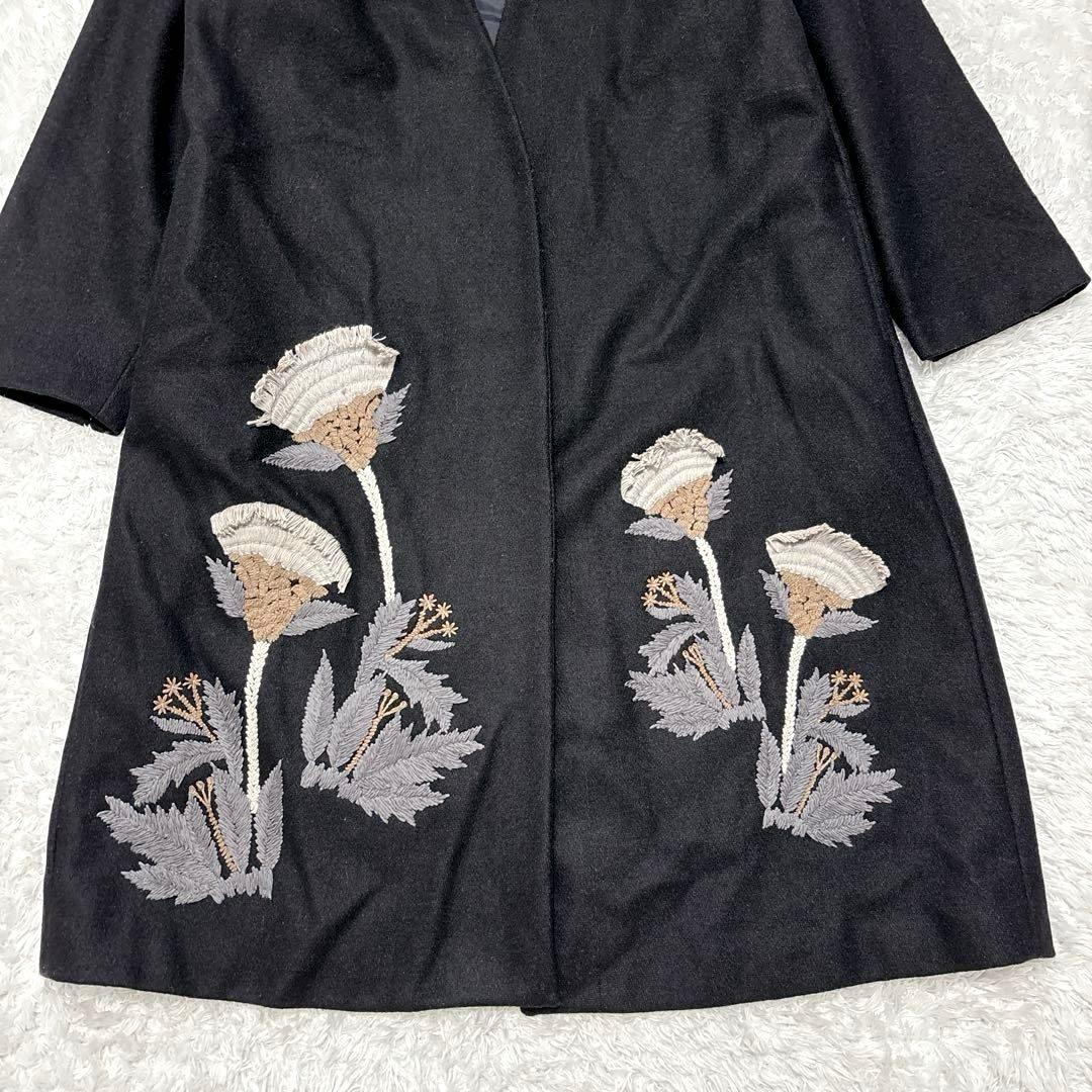 【BEARDSLEY】刺繡デザイン ノーカラーコート 黒 ウール混 size F