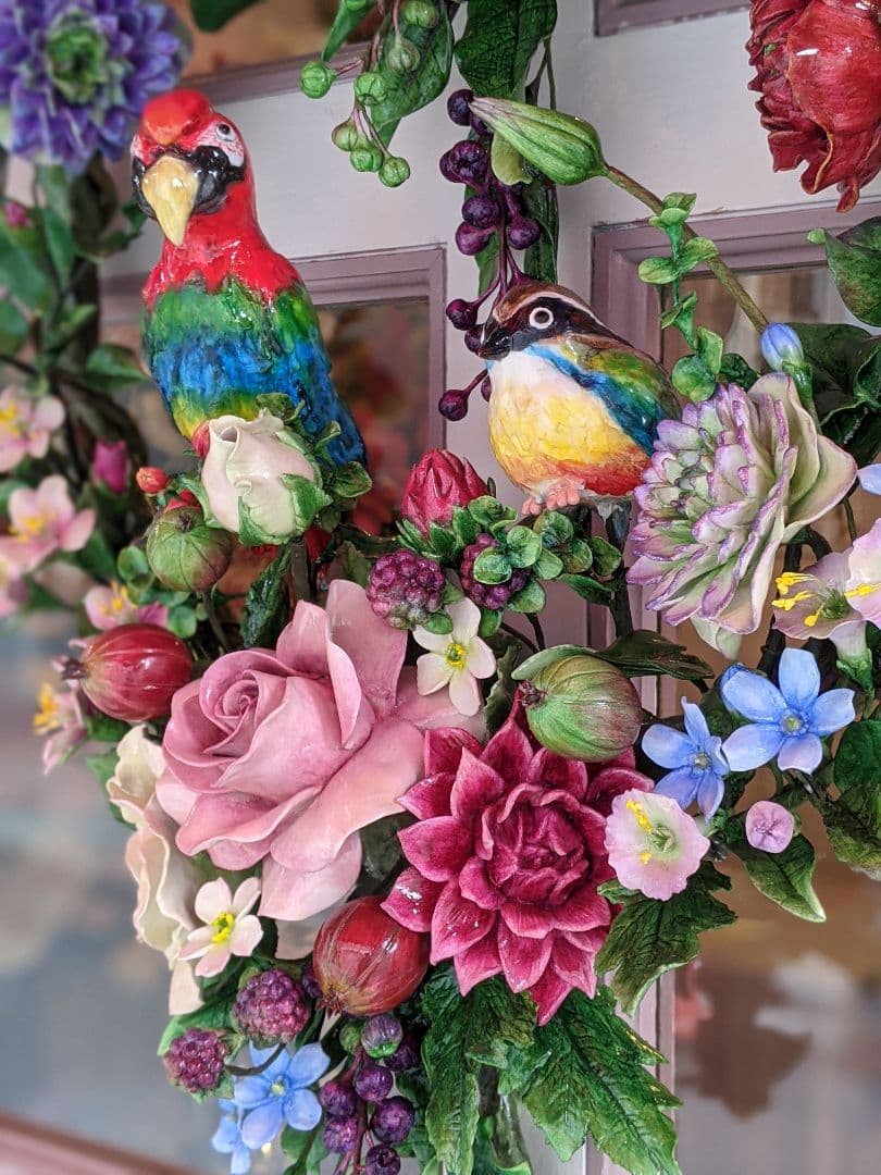 【専用となりました】クレイフラワー❁フラワーリース特大❁鳥❁ハンドメイド