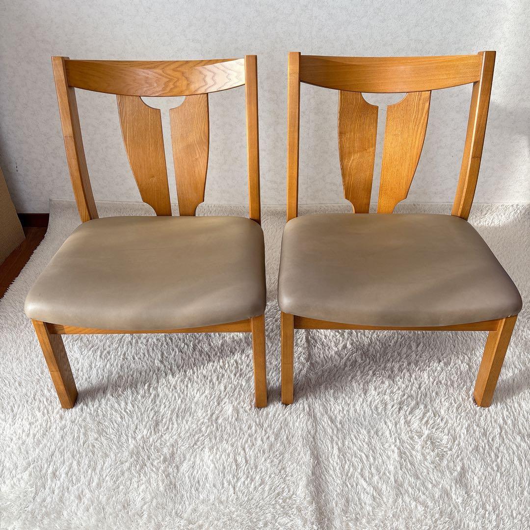 2脚セット】飛騨産業　キツツキマーク ダイニングチェア 座面レザー 高さ低め