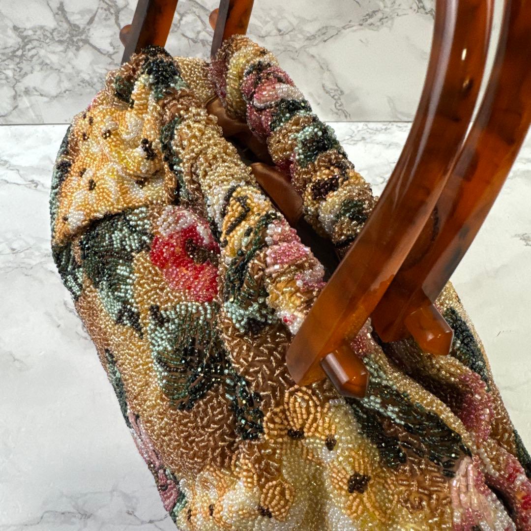 ノーブランド 花柄 ビーズ刺繍×鼈甲ハンドル アンティーク 和装ハンドバッグ