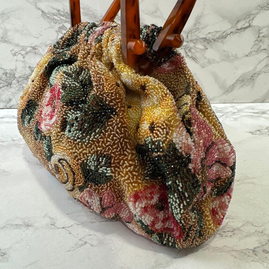 ノーブランド 花柄 ビーズ刺繍×鼈甲ハンドル アンティーク 和装ハンドバッグ