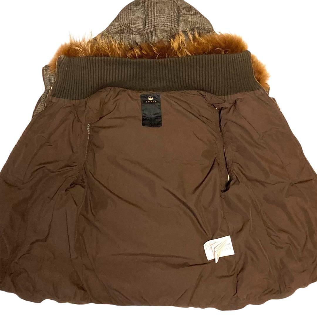 【美品】TATRAS ダウンベスト ラクーンファー ウール混チェック S