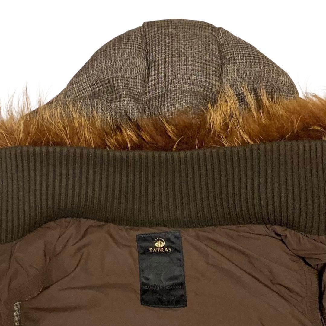 【美品】TATRAS ダウンベスト ラクーンファー ウール混チェック S