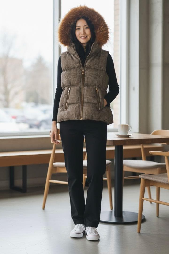 【美品】TATRAS ダウンベスト ラクーンファー ウール混チェック S