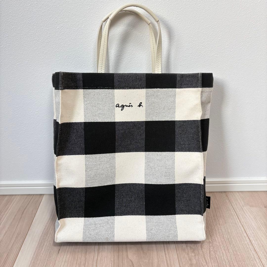 極美品　アニエスベー　A4対応　ギンガムチェックトートバッグ　刺繍　縦長マチあり