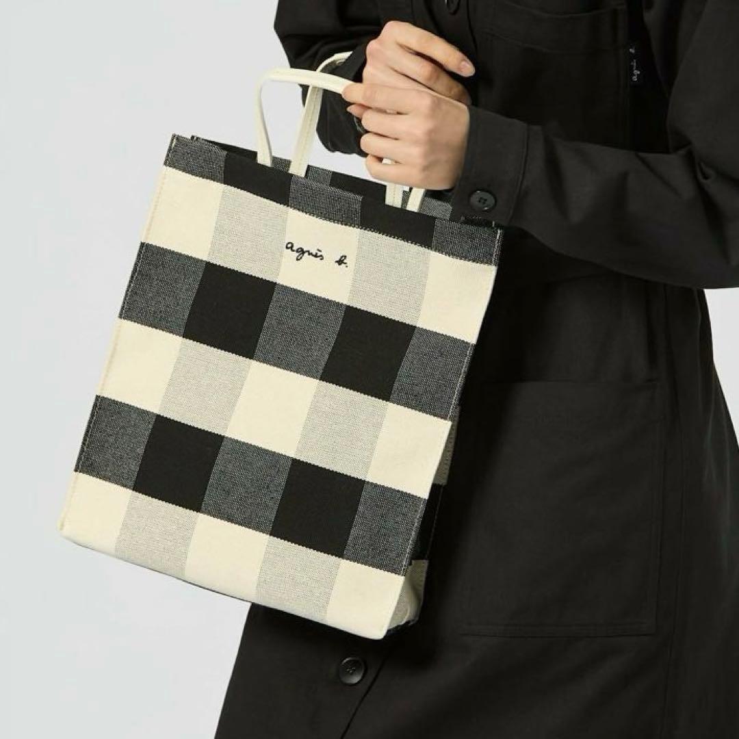 極美品　アニエスベー　A4対応　ギンガムチェックトートバッグ　刺繍　縦長マチあり