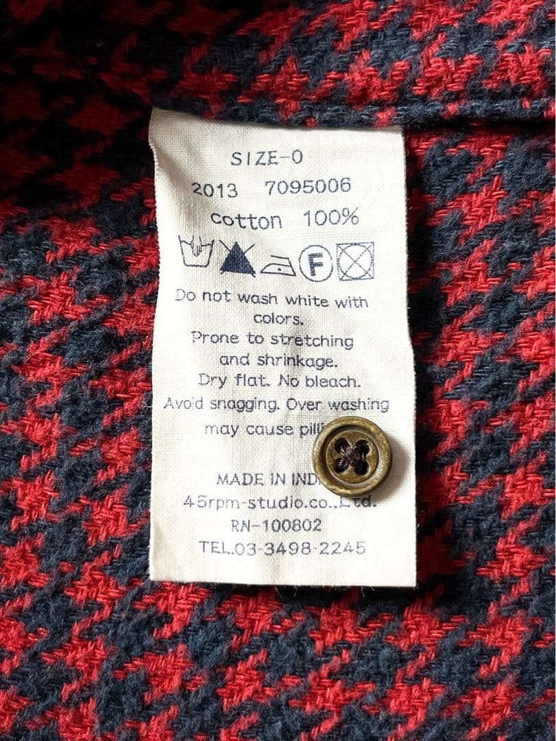 【45R】45rpm 綿100% 千鳥格子柄 スキッパーシャツワンピース 赤 0