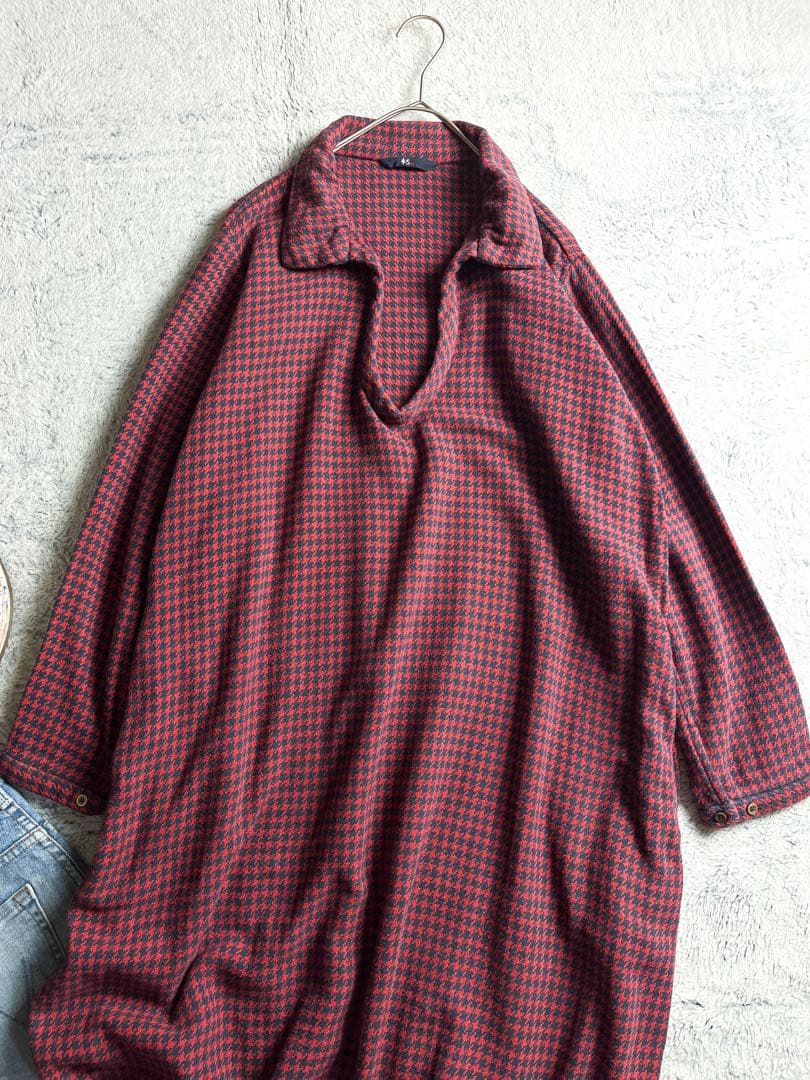 【45R】45rpm 綿100% 千鳥格子柄 スキッパーシャツワンピース 赤 0