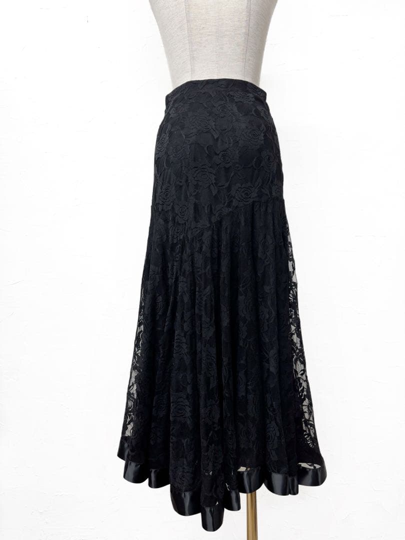 【薔薇レース】新品 社交ダンス用裾サテンテープ 黒ロングスカートb234