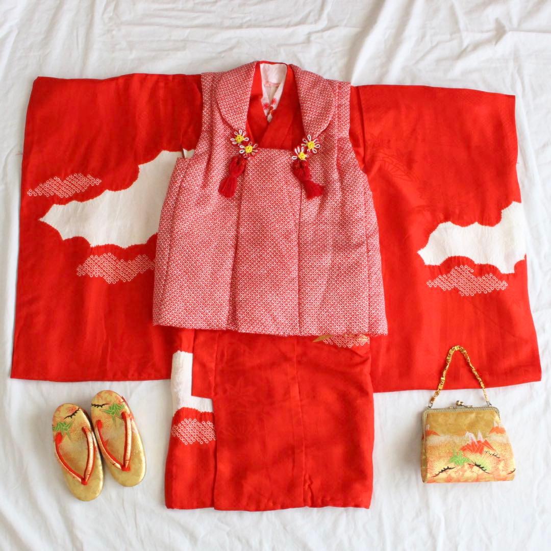 七五三 3歳 女の子 子供 正絹 赤 着物 被布 セット