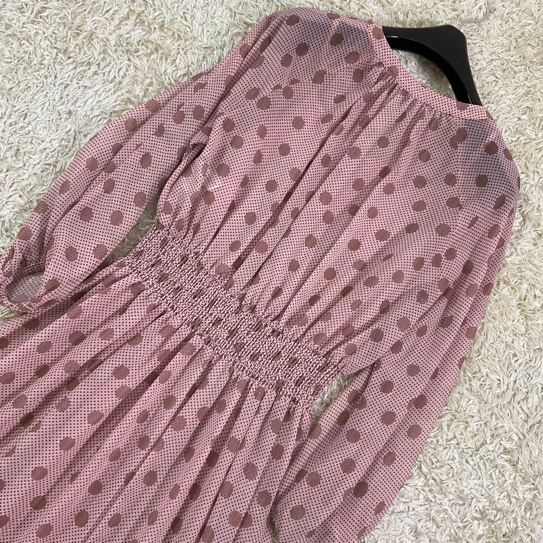 美品　アナイ　現行　ドット柄　シャーリング　ロング　シフォン　フレアワンピース
