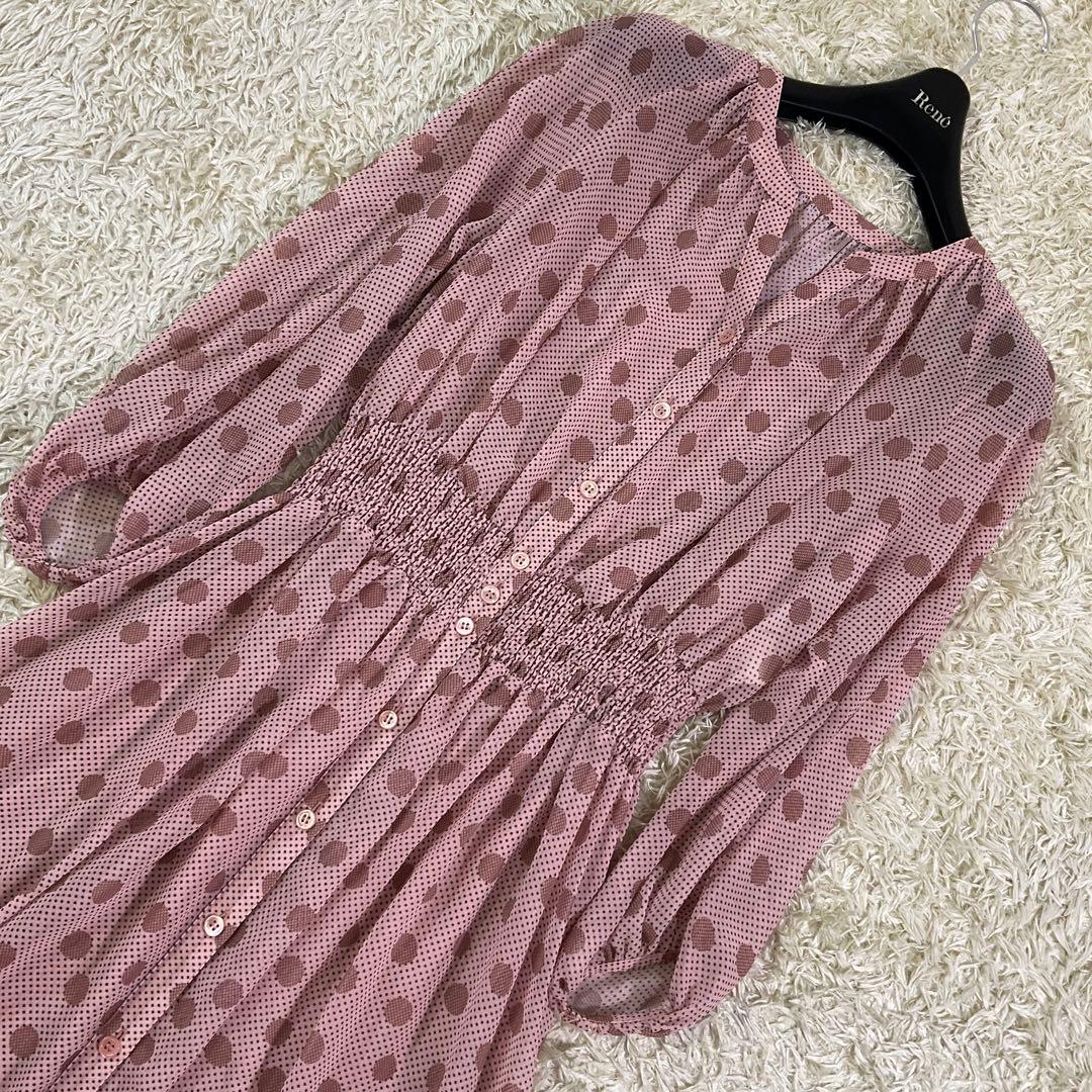 美品　アナイ　現行　ドット柄　シャーリング　ロング　シフォン　フレアワンピース