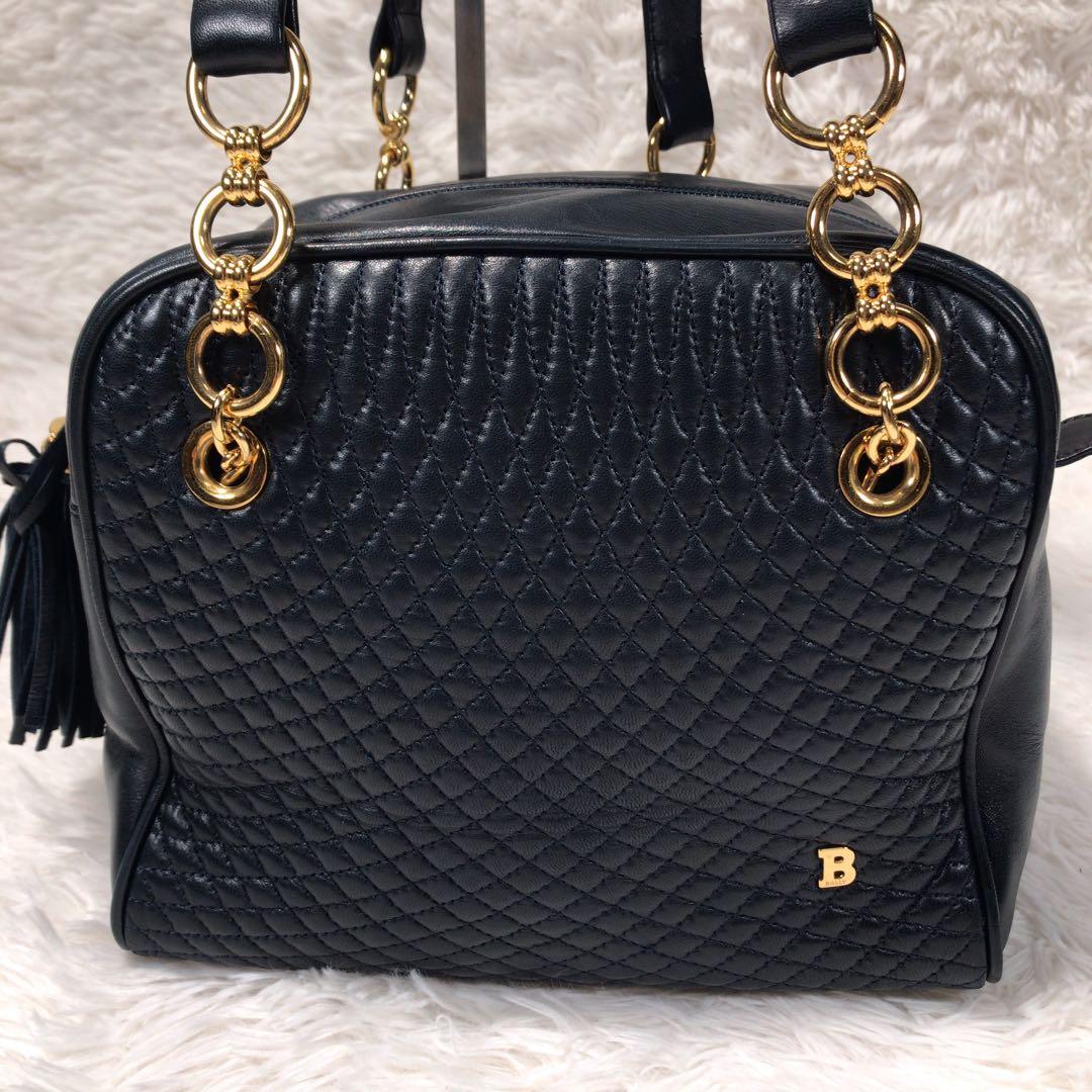 BALLY バリー レザー キルティング タッセル ショルダーバッグ ネイビー