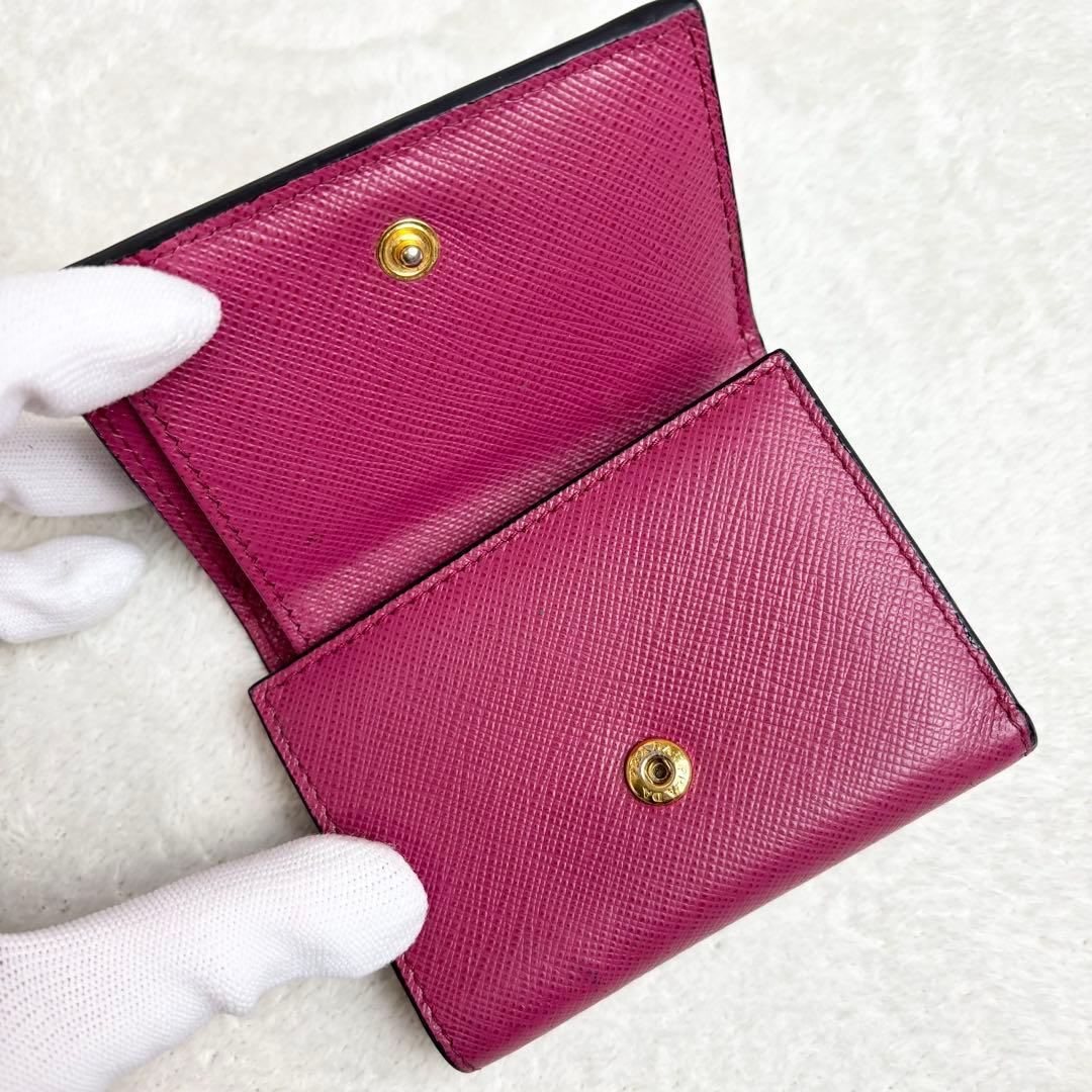 【希少✨】PRADA 三つ折り財布 バイカラー サフィアーノレザー 黒 ピンク