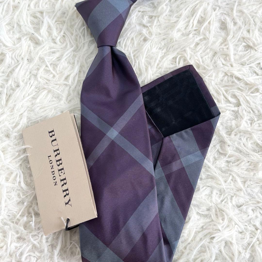 新品タグ付✨バーバリーロンドン　ネクタイ　メガチェック　シルク100% パープル