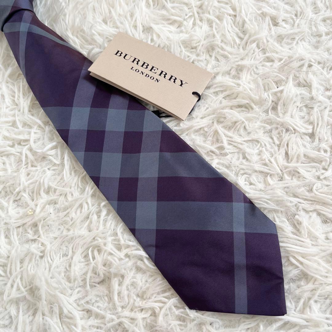 新品タグ付✨バーバリーロンドン　ネクタイ　メガチェック　シルク100% パープル