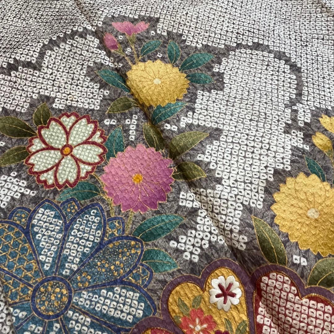 振袖　振り袖　成人式　フルセット　正絹　灰色　グレー　灰茶　絞り　菊　花柄