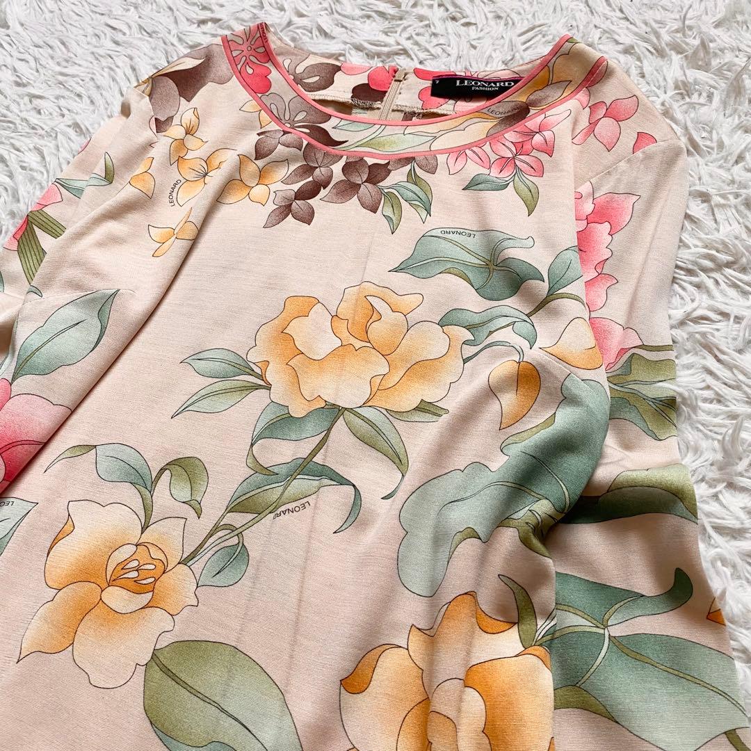 極美品■レオナール　シルク　花柄　長袖トップス　上品　日本製　L