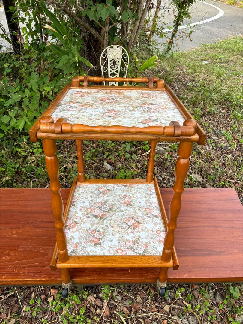 60〜70s 木製 2段式キッチンワゴン トローリーワゴン　花柄 昭和レトロ