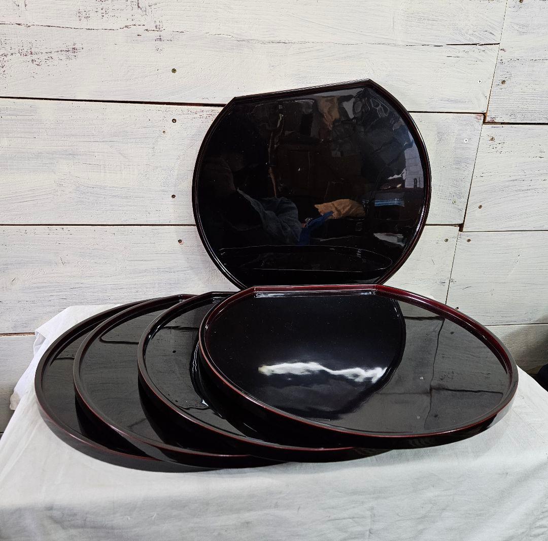 木製・堅地請合 漆塗り お盆 トレー 5枚セット 高級 漆器 天然木製 懐石膳