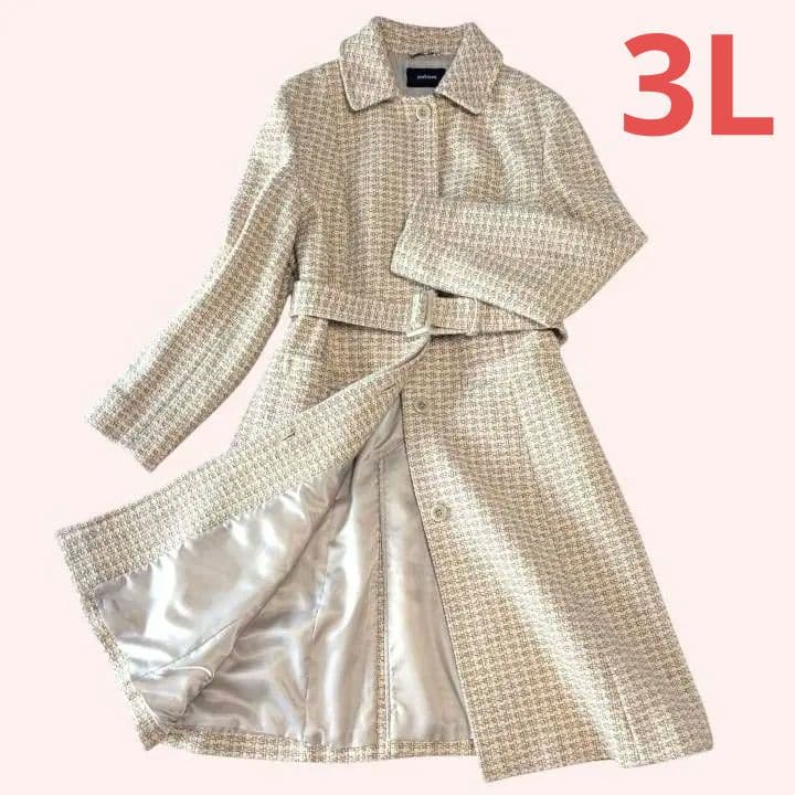 大きいサイズ★美品 ニューヨーカー ツイードベルテッドロングコート ウール