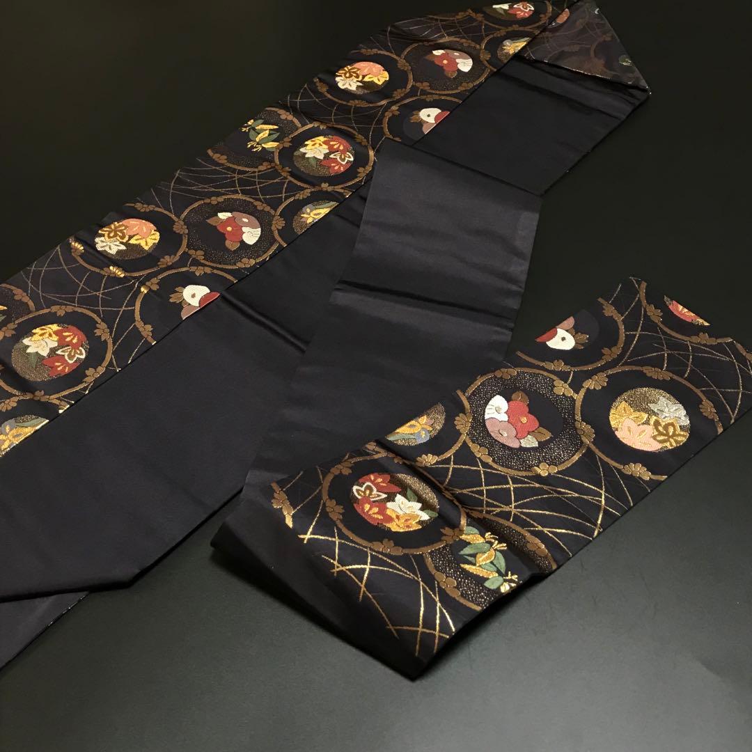 ねねねこ様［6473］名古屋帯 美品 松竹梅丸文 唐織 金糸 九寸 正絹 着物