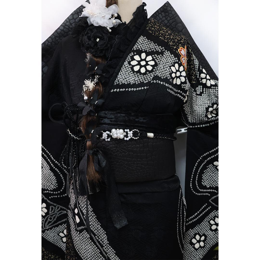 絞り黒モノトーン系◆ 振袖6点セット166.5cm ◆成人式フルセットcf75