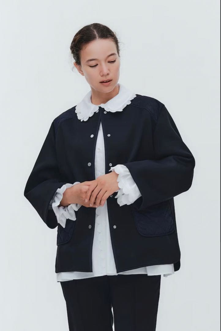 Yori 2026SP 今季新作　リップルキルトジャケット　ネイビーノーカラー