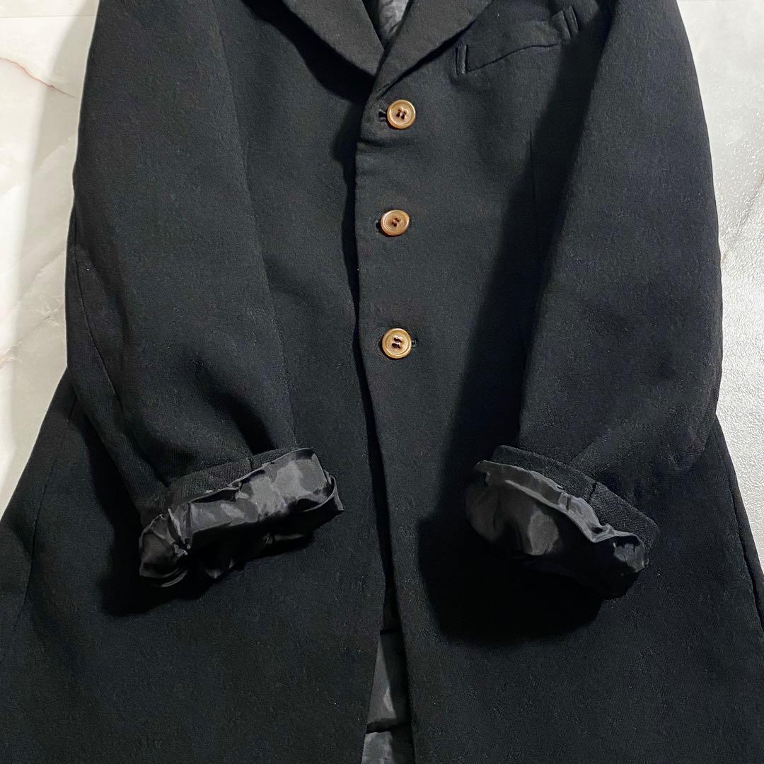 B17881 美品 コムコム 17AW ポリ縮絨ロングジャケット 黒 XS