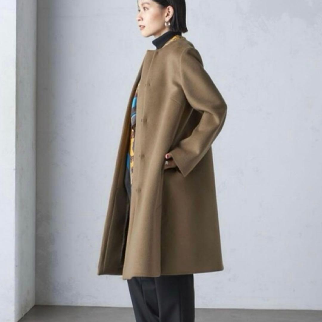 最終✨シップス24AW シャルム ビーバー ノーカラー ロング コート　ブラウン