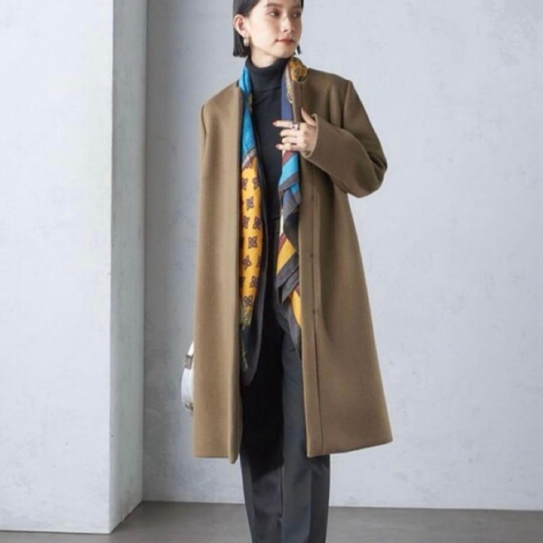 最終✨シップス24AW シャルム ビーバー ノーカラー ロング コート　ブラウン