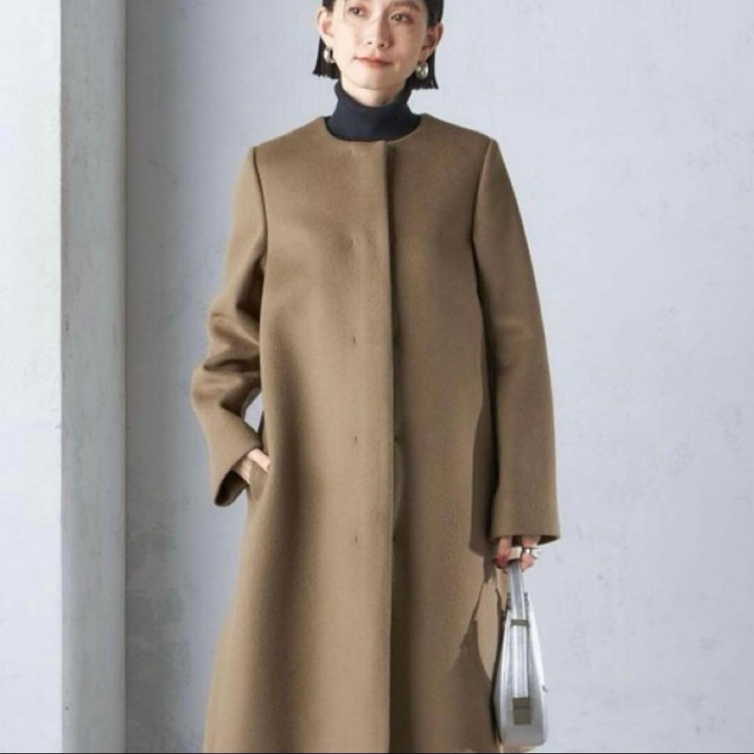 最終✨シップス24AW シャルム ビーバー ノーカラー ロング コート　ブラウン