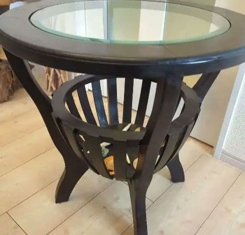 アジアン・バリ家具　木製ガラストップ円形テーブル