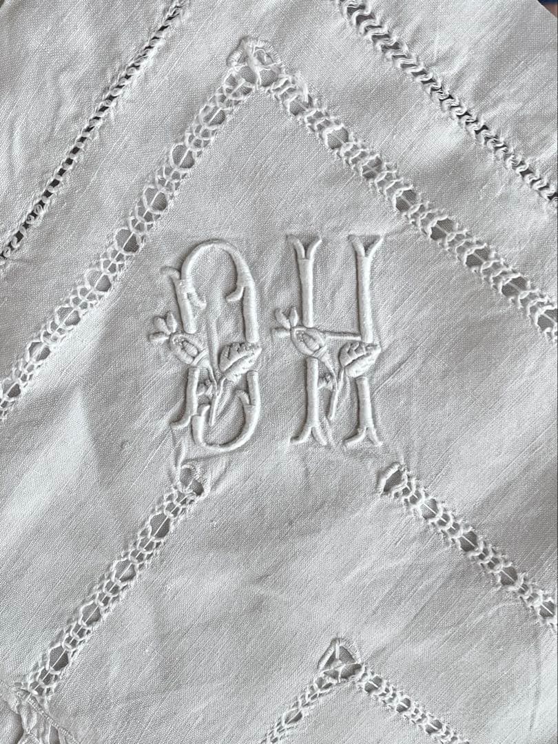 【美品】フランスアンティーク 天使と手刺繍OHモノグラムクッションカバー3151