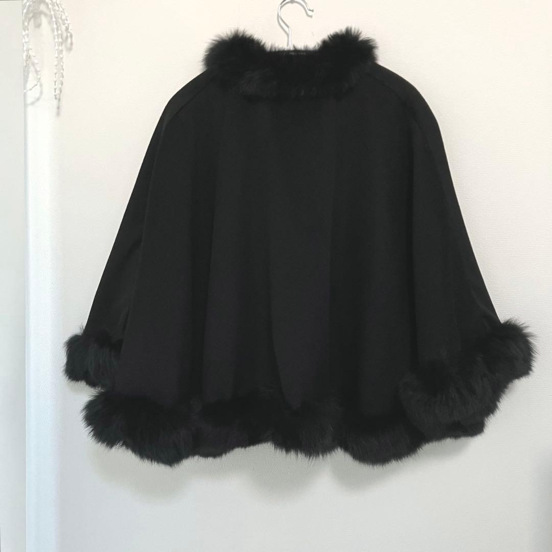 エンチャリオット カシミヤ100% ブルーフォックス ポンチョ ブラック