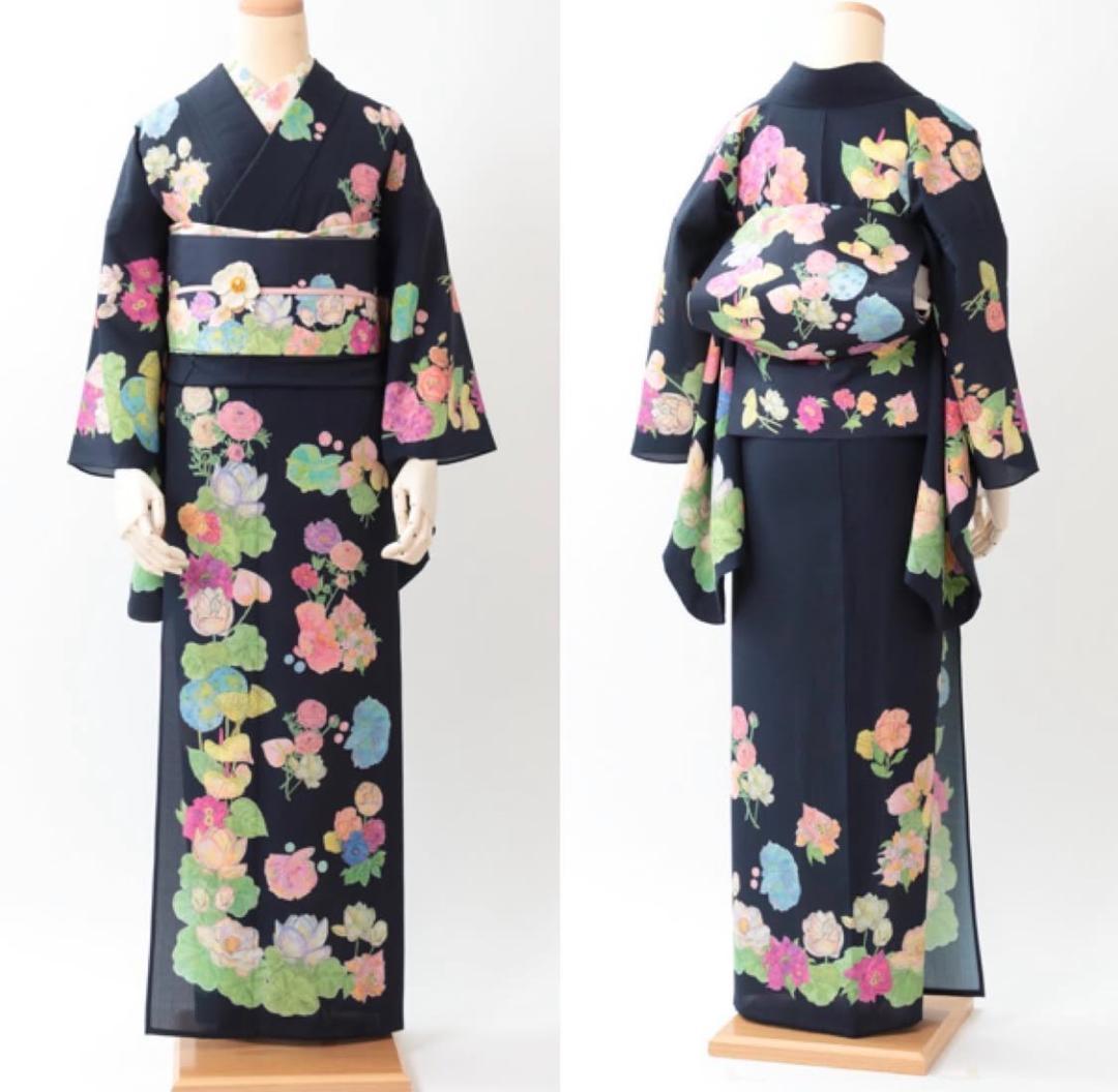 マーム　MarMu アクアエデン　単衣訪問着 紺色 名古屋帯　帯揚げ　半衿セット