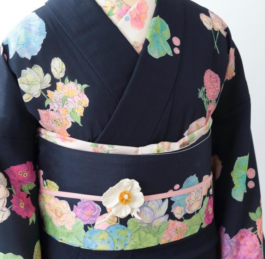 マーム　MarMu アクアエデン　単衣訪問着 紺色 名古屋帯　帯揚げ　半衿セット