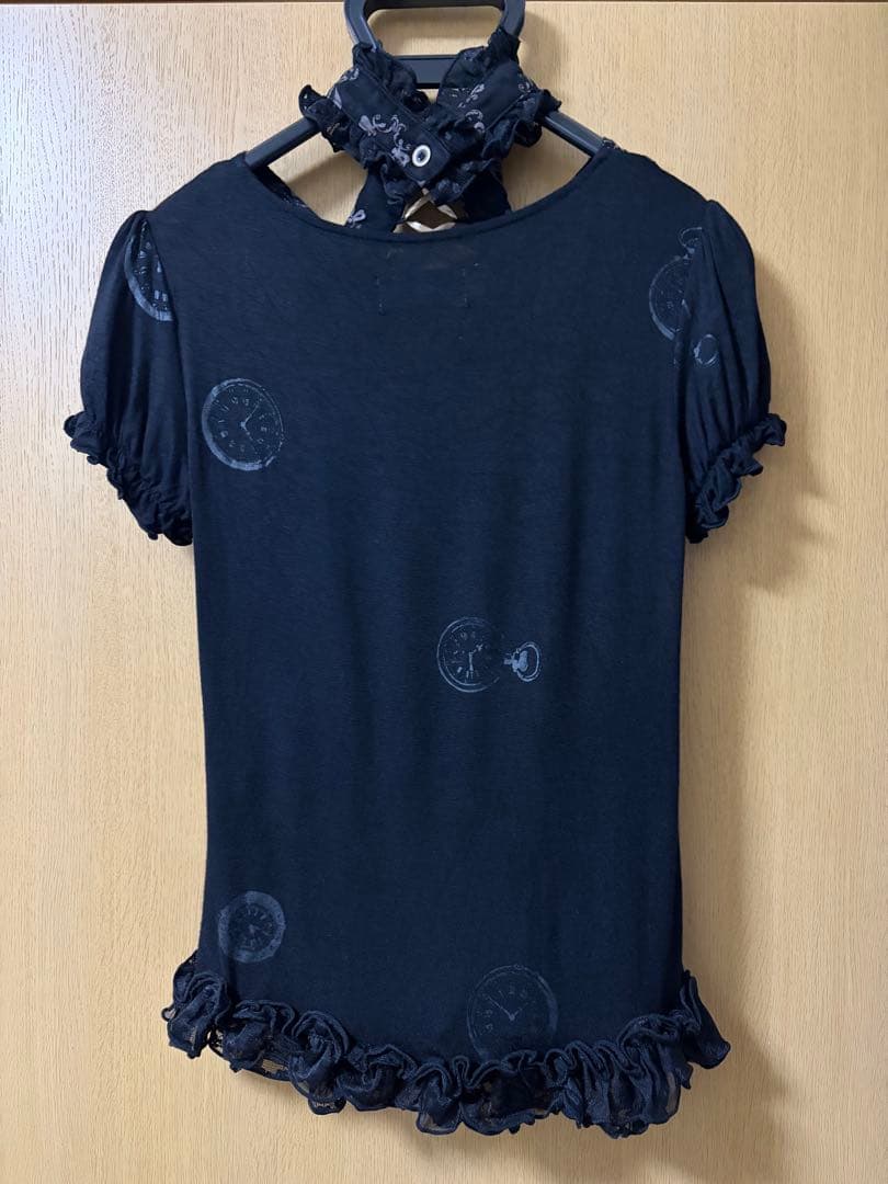 h.NAOTO STEAM チョーカー付 編上げ黒半袖カットソー