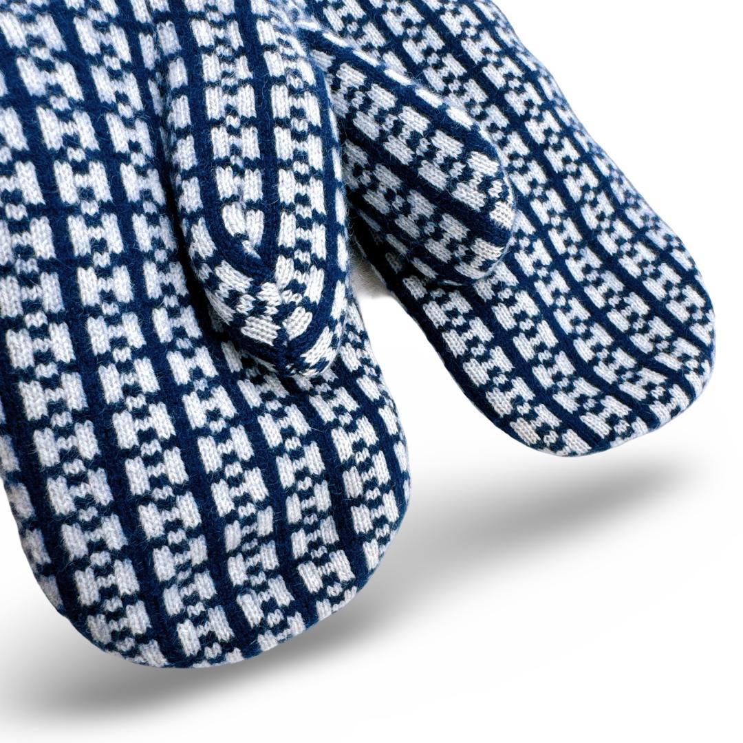 エルメス ホープ カシミヤ100％ ジャガード ニット ミトン　ネイビー　S