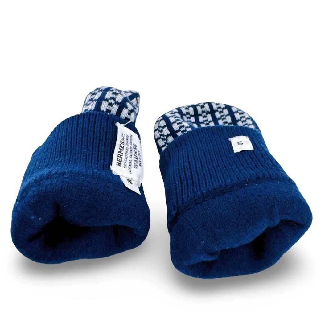 エルメス ホープ カシミヤ100％ ジャガード ニット ミトン　ネイビー　S