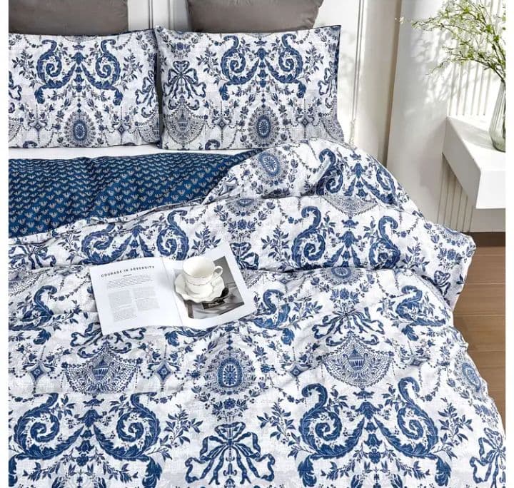 ぽんぽん★ブルー＆ホワイトレトロリボン　シングルサイズ2セット