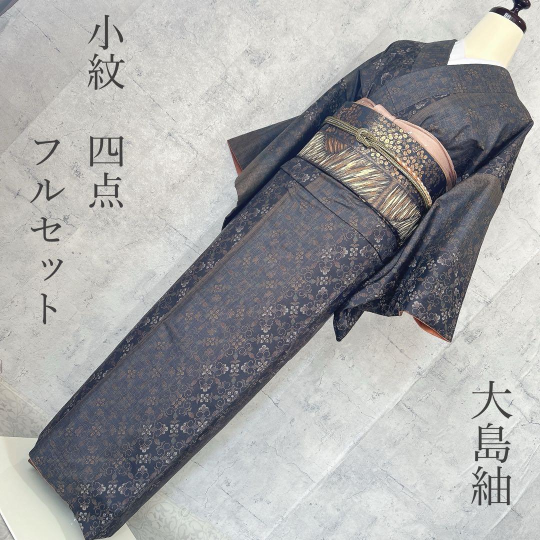 大島紬　小紋　フルセット　着物　正絹　泥染め　パールトーン加工　かっこいい