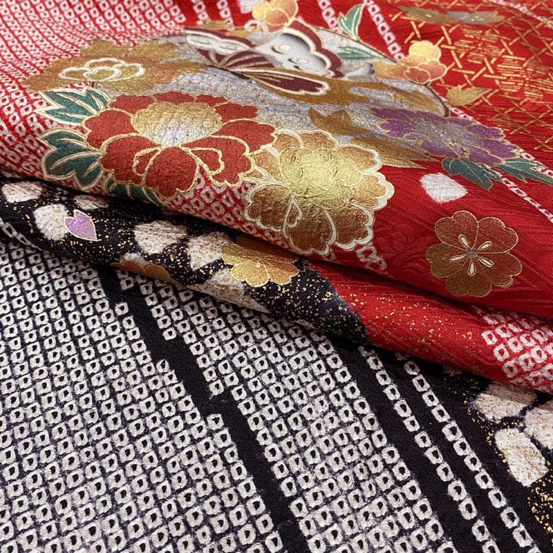 512aj42,袋帯,小物類◎振袖 部分絞り 花丸 成人式 十三参り 赤黒◎