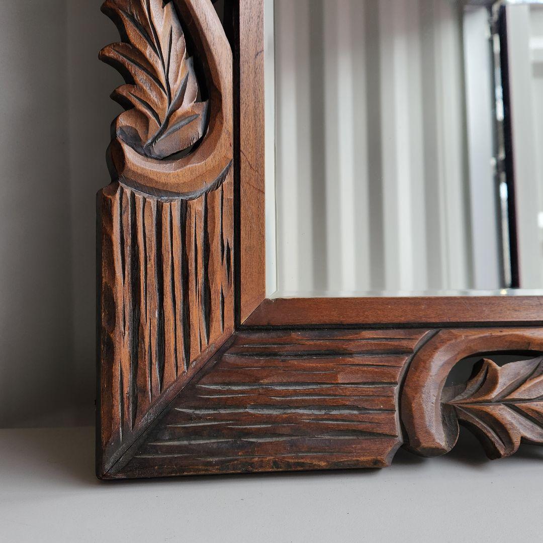 アンティーク　木彫り　ウォールミラー　天然木　壁鏡　彫刻　木枠　ヴィンテージ