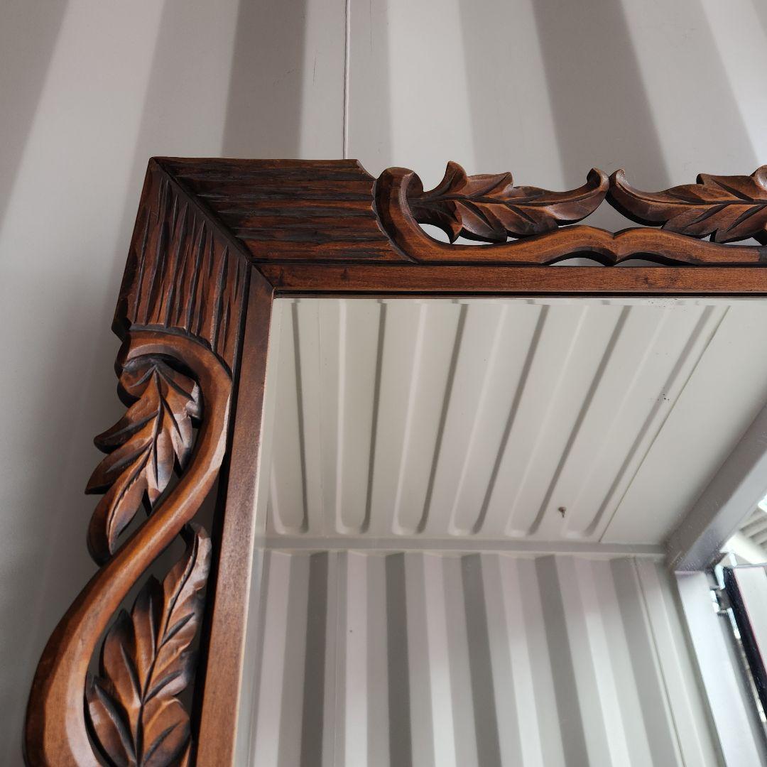 アンティーク　木彫り　ウォールミラー　天然木　壁鏡　彫刻　木枠　ヴィンテージ